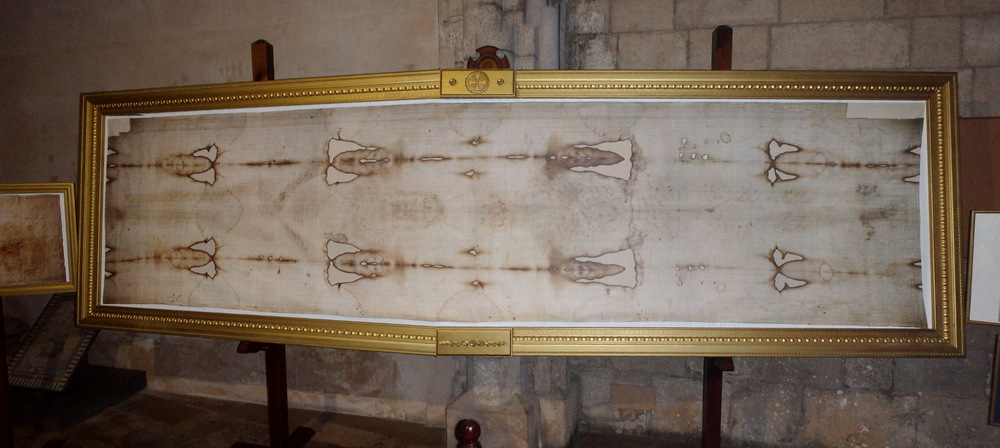 A detailed photo replica of the Shroud of Turin.